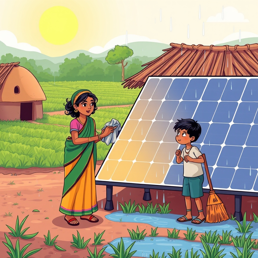 Cleaning solar panel in rural India